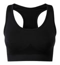 The Tri-Dri TR214 is a black sports bra boasting a racerback design, breathable fabric, and a seamless finish.
