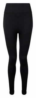 Tri-Dri's TR215 leggings in black feature a high waistband and a fitted design, displayed from the front view.