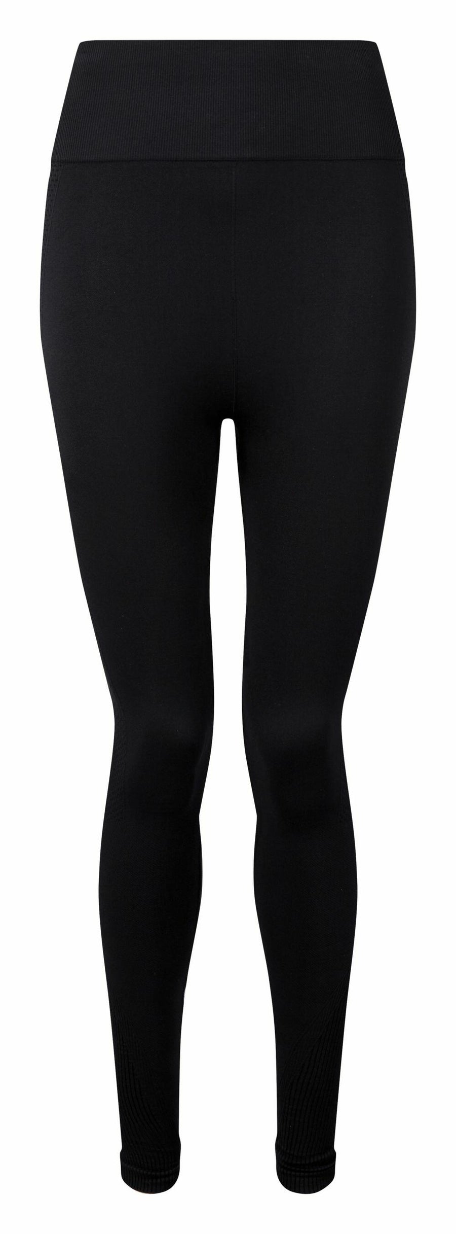 Tri-Dri's TR215 leggings in black feature a high waistband and a fitted design, displayed from the front view.