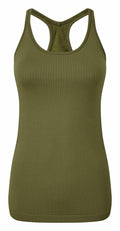 Introducing the TR217 by Tri-Dri, a ribbed olive green tank top featuring a sleeveless racerback design.