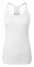 The Tri-Dri TR217 is displayed against a plain background. This white, ribbed tank top features a racerback design and sleeveless style, making it ideal for casual wear or as an undershirt.