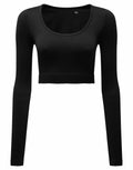 Tri-Dri's TR224, a black long-sleeve crop top with a scoop neckline, displayed on a white background.
