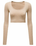 Product TR224 from Tri-Dri is a cropped, beige long-sleeve top featuring a ribbed texture and scoop neckline, showcased against a white background.