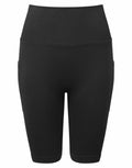 TR225 by Tri-Dri, black high-waisted, ribbed cycling shorts with a seamless design, laid flat on a white background.