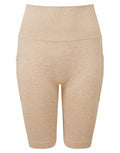 Front view of the Tri-Dri TR225 beige ribbed high-waisted biker shorts.