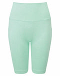 The mint green TR225 shorts from Tri-Dri, displayed on a plain white background, are fitted, ribbed, and feature a high-waisted design that extends to knee-length.