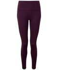 A pair of Tri-Dri TR304 high-waisted leggings in burgundy, set against a white backdrop.