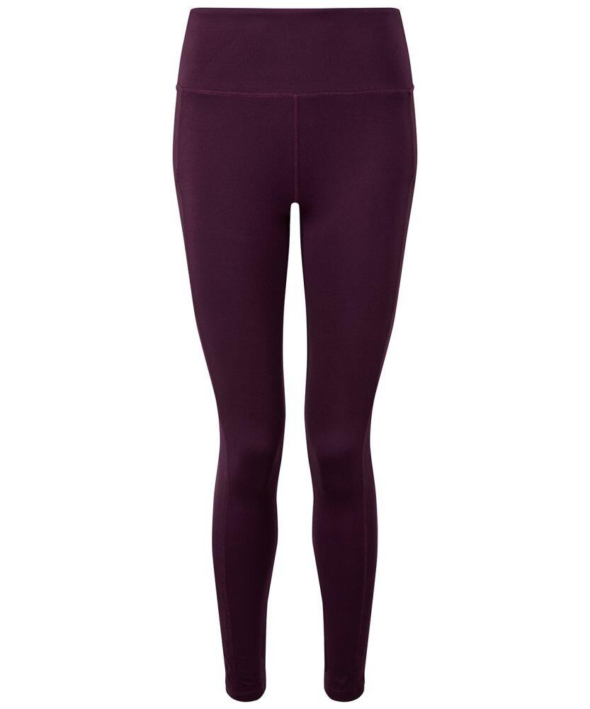 A pair of Tri-Dri TR304 high-waisted leggings in burgundy, set against a white backdrop.