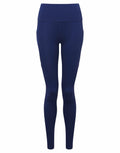 Tri-Dri TR308 high-waisted leggings in navy blue, featuring side pockets, showcased on a plain background.
