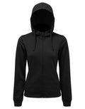 The Tri-Dri TR498, a black zip-up hoodie featuring a drawstring hood, viewed from the front.