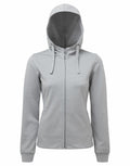 Tri-Dri TR498 gray hooded sweatshirt featuring a front zipper and drawstrings, showcased against a white background.
