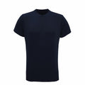 The Tri-Dri TR501, a plain black t-shirt featuring short sleeves and a crew neck, is showcased against a white background.