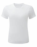A plain white, short-sleeve t-shirt from the Tri-Dri brand, labeled as product TR502, is displayed from the front against a white background. It features a classic crew neck and seems to be made of lightweight fabric, with a size XS label inside the collar.
