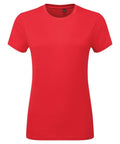 The Tri-Dri TR504 features a plain, bright red design set against a white background. This T-shirt includes short sleeves and a crew neck, exemplifying a simple and classic style.