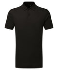 The Tri-Dri TR505, a plain black polo shirt featuring short sleeves and a buttoned collar, is displayed against a white background.