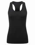 The TR509 by Tri-Dri is a plain black tank top with a sleeveless racerback design.