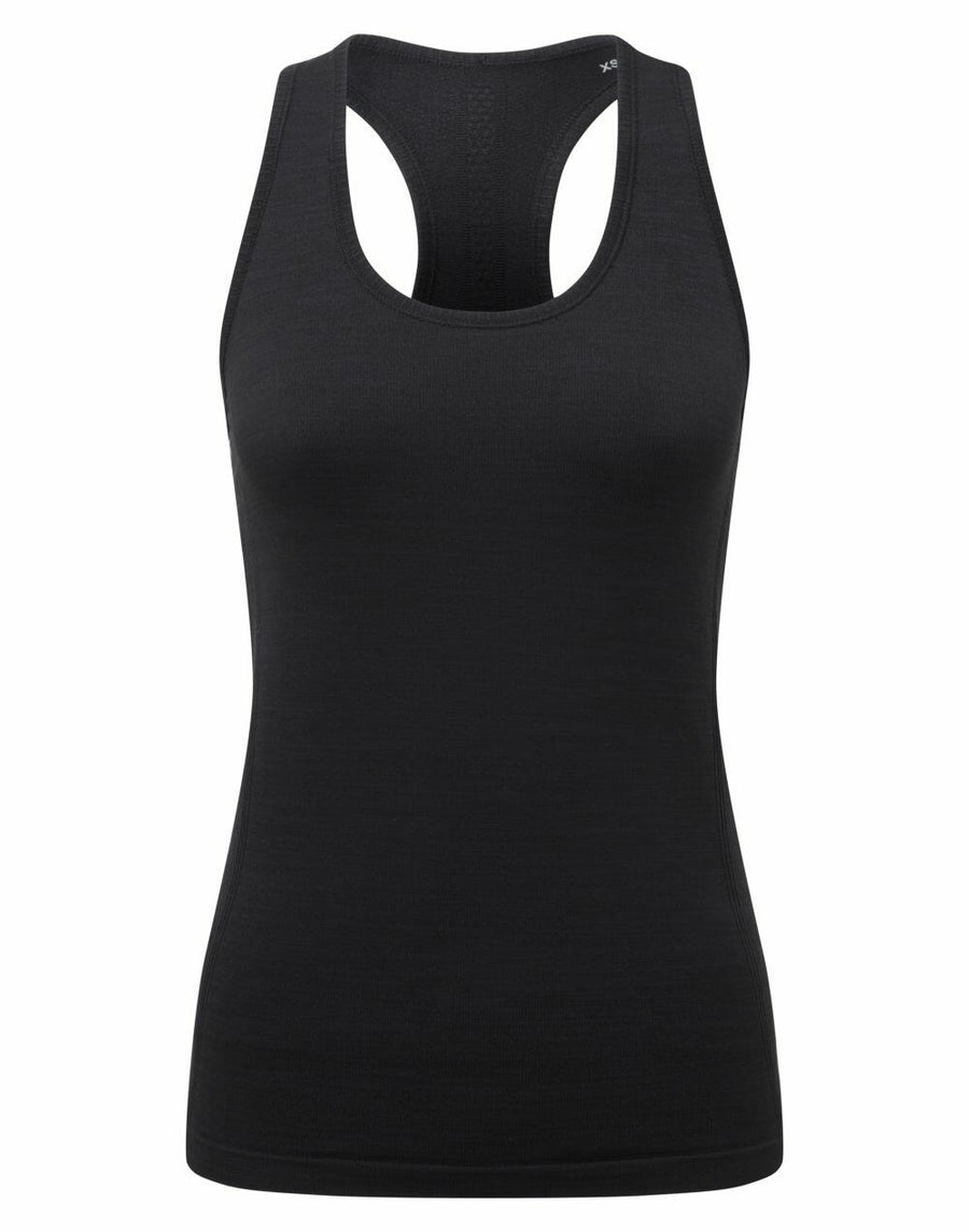The TR509 by Tri-Dri is a plain black tank top with a sleeveless racerback design.