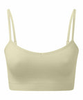 A TR510 cropped tank top in light green, featuring thin spaghetti straps. Made by Tri-Dri, the fabric is smooth and stretchy for a snug fit.