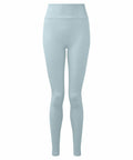The TR512 leggings by Tri-Dri, featuring a high-waisted, light blue hue and seamless design, are showcased against a white background. These form-fitting leggings are ideal for casual wear or exercise.