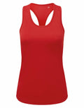 A Tri-Dri TR527 sleeveless tank top in red with a racerback design displayed against a white background.