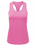 The Tri-Dri TR527 is a pink sleeveless athletic tank top featuring a racerback design, showcased on a white background.