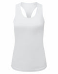 A Tri-Dri TR527 tank top in white is showcased against a plain background, featuring a sleeveless racerback design. The fabric looks smooth and lightweight, making it ideal for casual or athletic wear. The size XS is indicated at the top of the back.