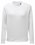 Introducing the TR600 by Tri-Dri: a minimalist long-sleeve crewneck sweatshirt in plain white, featuring ribbed cuffs, hem, and collar set against a white background.