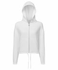 Introducing the Tri-Dri TR601, a white hooded zip-up sweatshirt featuring long sleeves, front pockets, and a drawstring hem.