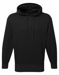 The TR602 by Tri-Dri is a plain black hoodie featuring a front pocket and a drawstring hood.