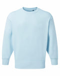 The TR603 by Tri-Dri is a light blue crewneck sweatshirt with long sleeves, showcased against a white background. It features ribbed cuffs and hem, delivering a simple and clean design.