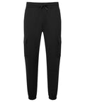 Tri-Dri's TR604 black cargo jogger pants feature an elastic waistband, drawstring, and side pockets.