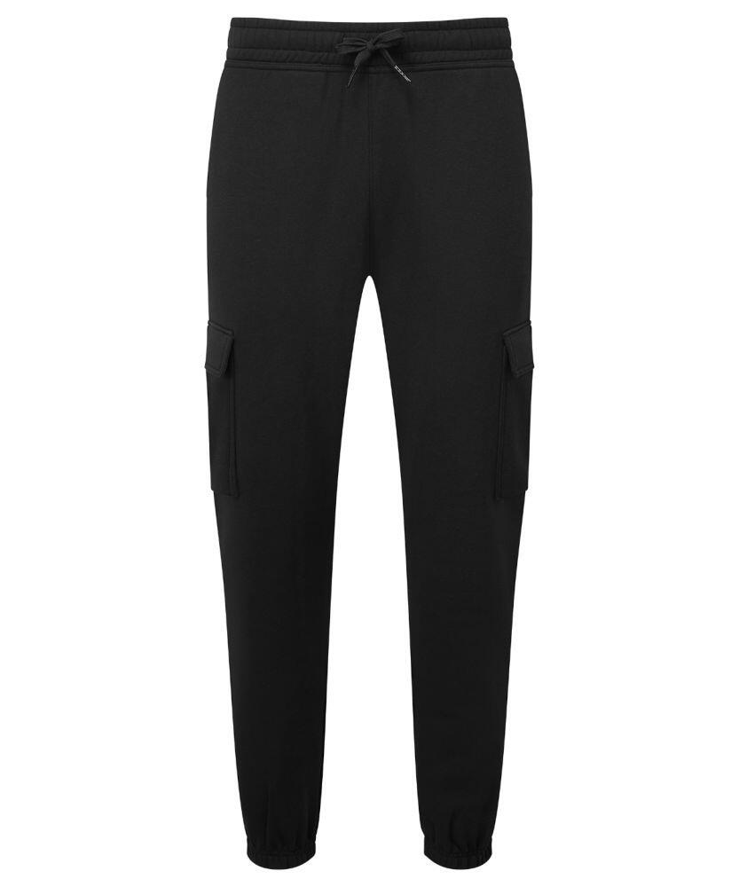 Tri-Dri's TR604 black cargo jogger pants feature an elastic waistband, drawstring, and side pockets.