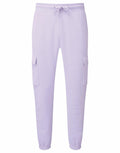 The TR604 light purple jogger pants by Tri-Dri feature an elastic waistband, drawstring, and cuffed ankles, as well as two side cargo pockets with flaps.