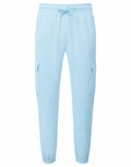 The Tri-Dri TR604 light blue cargo jogger pants come with an elastic waistband and drawstring, featuring two side flap pockets and elastic cuffs at the ankles.