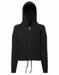 Tri-Dri's TR61B is a black zip-up hoodie featuring front pockets and a drawstring hem.