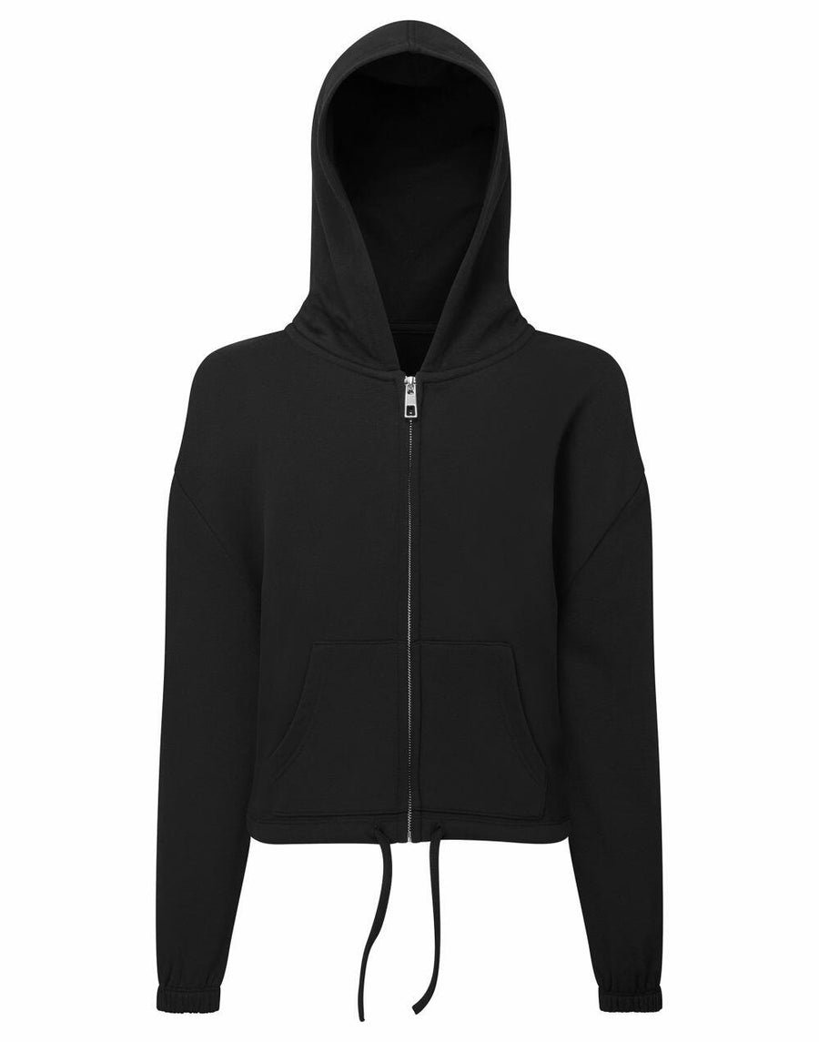 Tri-Dri's TR61B is a black zip-up hoodie featuring front pockets and a drawstring hem.
