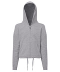 Tri-Dri's TR61B is a gray zip-up hoodie featuring a drawstring at the waist and front pockets, showcased on a white background.