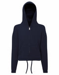 Introducing the Tri-Dri TR61B: a navy blue zip-up hoodie with a front zipper, adjustable drawstring at the waist, and a practical hood. This hoodie is designed with two convenient front pockets and long sleeves, showcased against a simple white background.