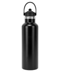 The TriDri Vacuum sports water bottle by TriDri, featuring black stainless steel and a flip-up straw, stands upright with its carrying handle against a plain white background.