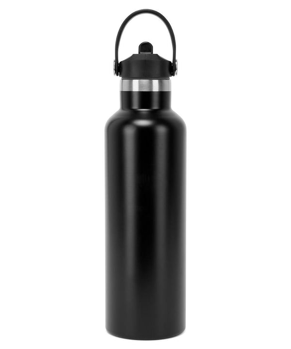 The TriDri Vacuum sports water bottle by TriDri, featuring black stainless steel and a flip-up straw, stands upright with its carrying handle against a plain white background.