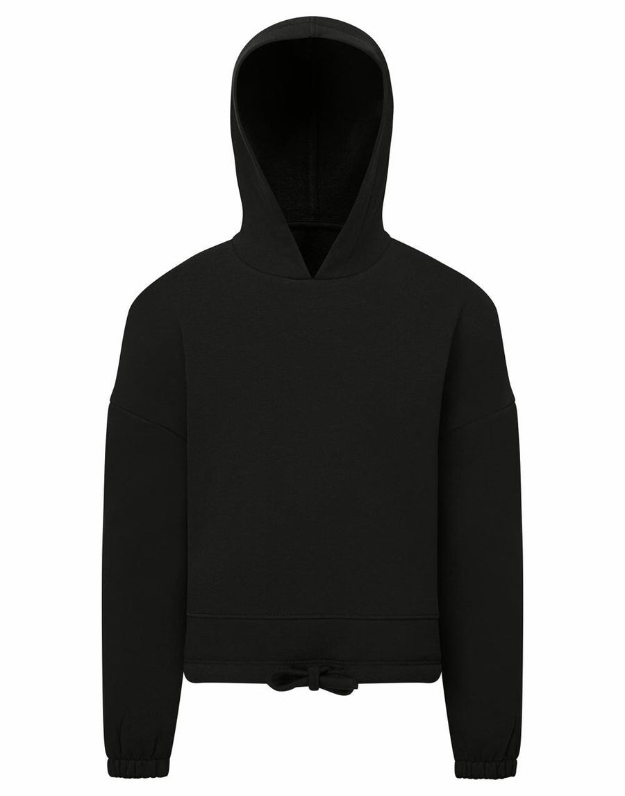 Tri-Dri's TR85B is a black hooded sweatshirt featuring long sleeves and a drawstring at the hem.