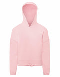 Tri-Dri's TR85B features a pink color, long sleeves, a drawstring hem, and a hood.