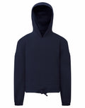 A plain navy blue hoodie from Tri-Dri, known as the TR85B, features a drawstring hood and hem with long sleeves. The hoodie is displayed against a white background.