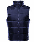 Introducing the TS015 by 2786: A stylish navy blue puffer vest designed with a high collar, front zipper closure, and two convenient side pockets.