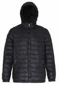2786 TS016 black puffer jacket featuring a hood, front zipper, and two side pockets.