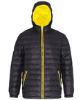 2786's TS016 black puffer jacket features a yellow lining, a front zip, and two zippered pockets.