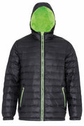 A black puffer jacket with a green lining and green zipper accents, showcased with the hood up, from the 2786 brand, product code TS016.