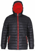 The TS016 jacket by brand 2786 is a black puffer featuring a vibrant red lining and hood. It comes with a front zipper closure and zipper pockets accented in red.