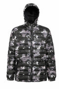 Introducing the TS016 jacket by 2786: a black and gray camouflage puffer jacket featuring a hood and front zipper. This design showcases abstract shapes in various shades of gray and black, forming a textured camo pattern. The jacket also includes two zippered pockets on the sides for added convenience.