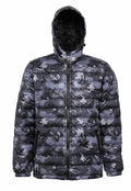 The TS016 winter jacket by 2786 features a front zipper and hood. Its fabric showcases a camouflage pattern in shades of grey, black, and dark green, while the quilted texture provides insulation and warmth.